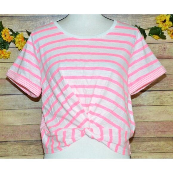 NWOT Skies Are Blue Pink Striped Crop Blouse Top Size L Stretch Beach Summer - Picture 2 of 12